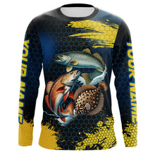 Load image into Gallery viewer, Blue and Yellow Camo Redfish, Speckled Trout, Flounder Texas slam fishing custom fishing jerseys NQS9219