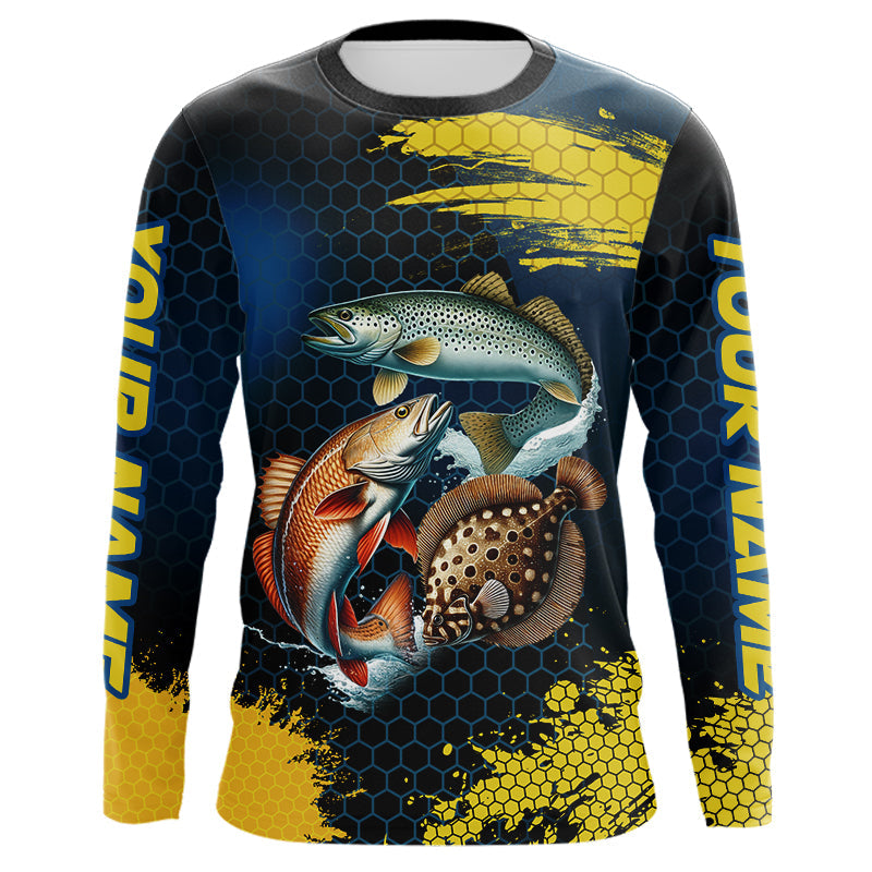 Blue and Yellow Camo Redfish, Speckled Trout, Flounder Texas slam fishing custom fishing jerseys NQS9219