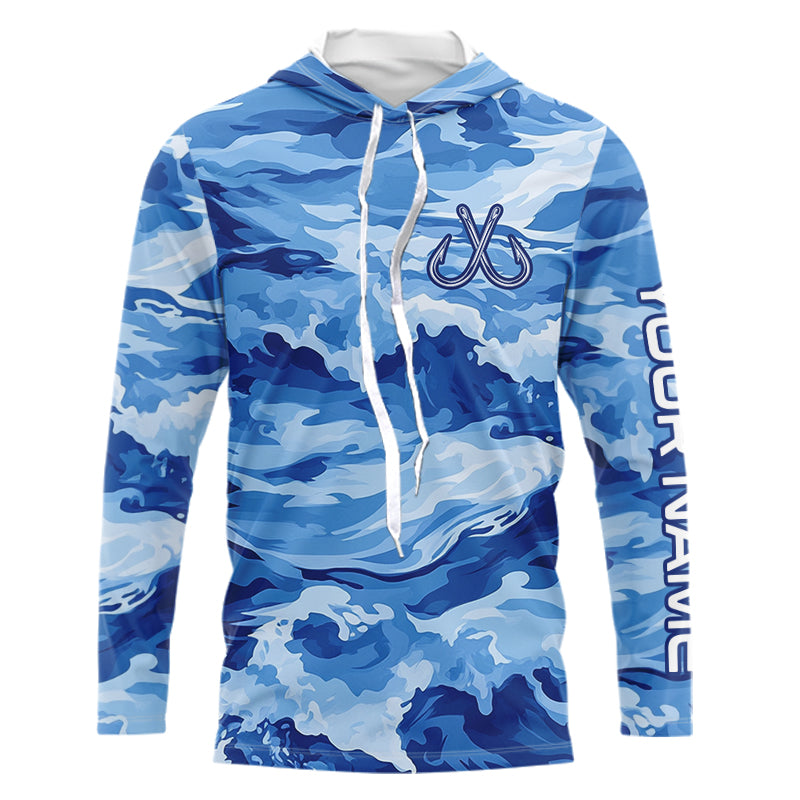 Blue Sea Wave Camo Fish hook custom name long sleeve fishing shirt, camo fishing jerseys NQS9220