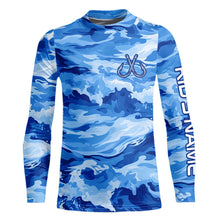 Load image into Gallery viewer, Blue Sea Wave Camo Fish hook custom name long sleeve fishing shirt, camo fishing jerseys NQS9220