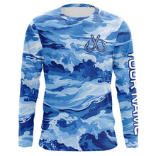 Load image into Gallery viewer, Blue Sea Wave Camo Fish hook custom name long sleeve fishing shirt, camo fishing jerseys NQS9220