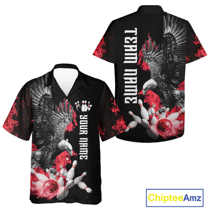 Custom Red Flame Black Eagle Bowling Hawaiian Shirt, Team Bowling Button up Clothes NQS11500