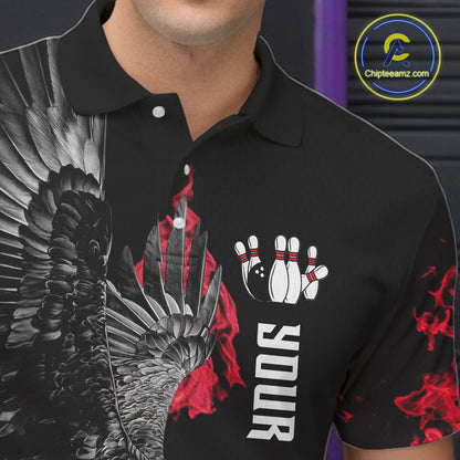 Custom Red Flame Black Eagle Bowling Polo, Quarter Zip Shirt For Men, Team Bowling Clothes NQS11500
