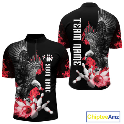 Custom Red Flame Black Eagle Bowling Polo, Quarter Zip Shirt For Men, Team Bowling Clothes NQS11500