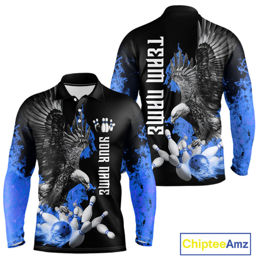 Custom Blue Flame Black Eagle Bowling Polo, Quarter Zip Shirt For Men, Team Bowling Clothes NQS11501