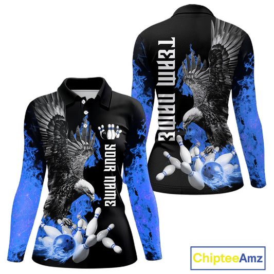 Custom Blue Flame Black Eagle Bowling Polo, Quarter Zip Shirt For Women, Team Bowling Clothes NQS11501
