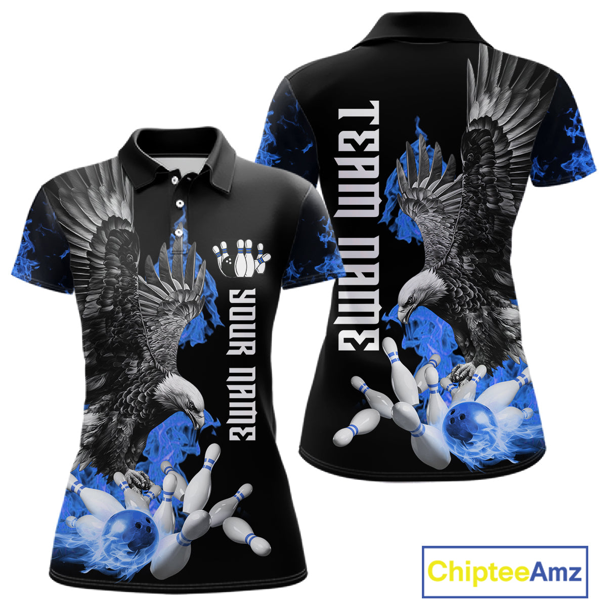 Custom Blue Flame Black Eagle Bowling Polo, Quarter Zip Shirt For Women, Team Bowling Clothes NQS11501
