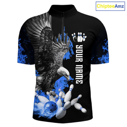 Custom Blue Flame Black Eagle Bowling Polo, Quarter Zip Shirt For Men, Team Bowling Clothes NQS11501