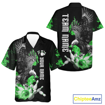 Custom Green Flame Black Eagle Bowling Hawaiian Shirt, Team Bowling Button up Clothes NQS11502