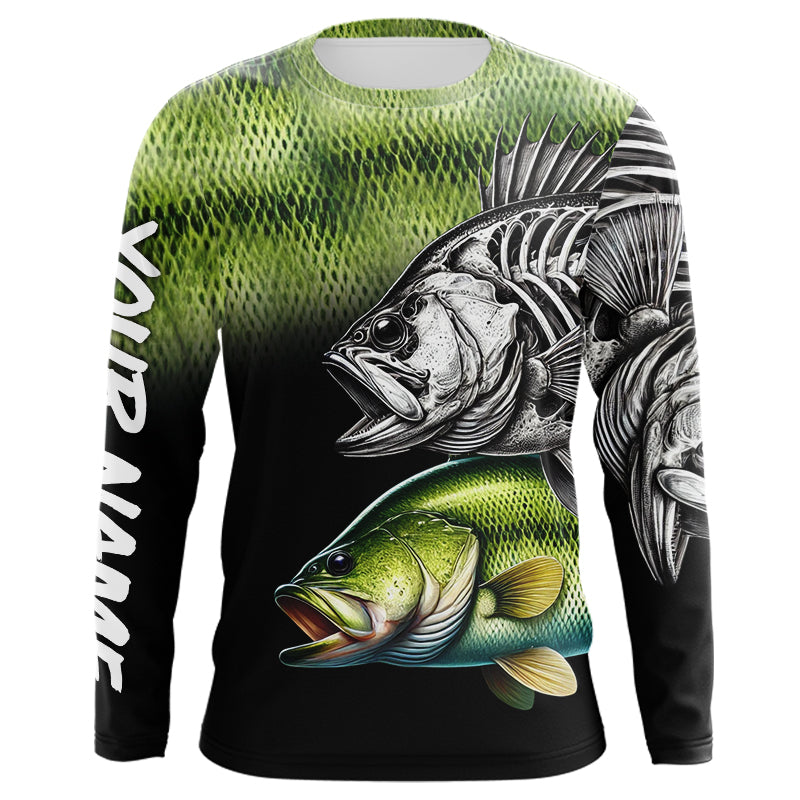 Bass Reaper Skeleton Green scales Custom Long Sleeve Fishing Shirts, Personalized Fishing Gifts NQS9572