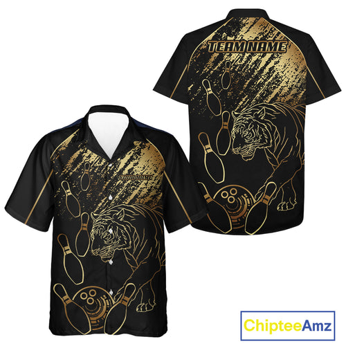 Personalized Black & Gold Tiger Bowling Hawaiian shirt Custom Bowling Team Button up shirt NQS10281