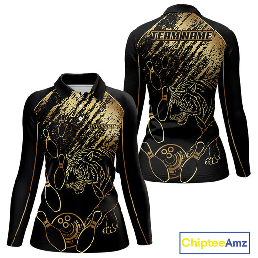 Personalized Black & Gold Tiger Bowling Polo, Quarter Zip Shirts For Women Custom Bowling Team Jersey NQS10281