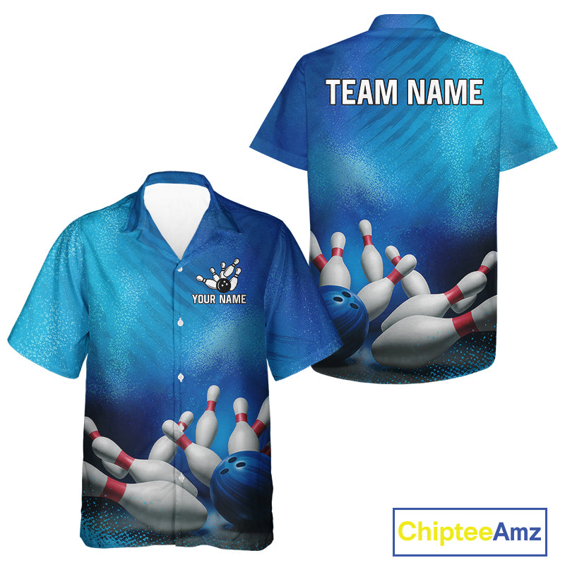 Custom Blue Bowling Team Hawaiian Shirt, bowling button up shirt with name NQS10282