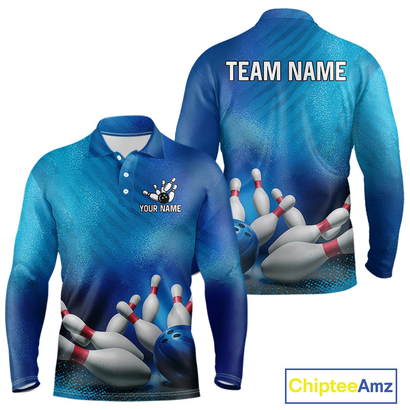 Custom Blue Bowling Team Mens Polo, Quarter-Zip Shirts, custom bowling jersey with name NQS10282