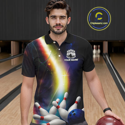 Custom Rainbow Lights Bowling Polo, 1/4 Zip Shirt For Men, Personalized bowling team jersey with name NQS10283