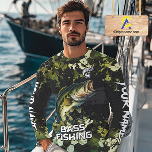 Green Camo Largemouth Bass fishing sun shirts custom name fishing shirts long sleeve uv protection NQS10284