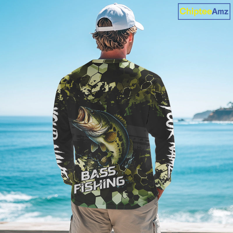 Green Camo Largemouth Bass fishing sun shirts custom name fishing shirts long sleeve uv protection NQS10284