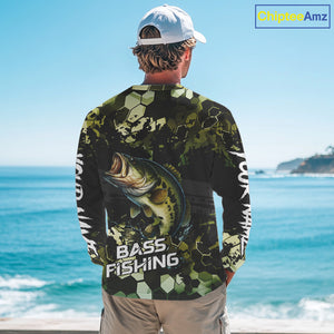 Green Camo Largemouth Bass fishing sun shirts custom name fishing shirts long sleeve uv protection NQS10284
