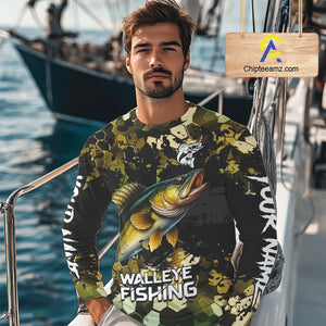 Yellow Camo Walleye fishing sun shirts custom name fishing shirts long sleeve uv protection NQS10285