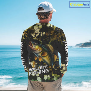 Yellow Camo Walleye fishing sun shirts custom name fishing shirts long sleeve uv protection NQS10285