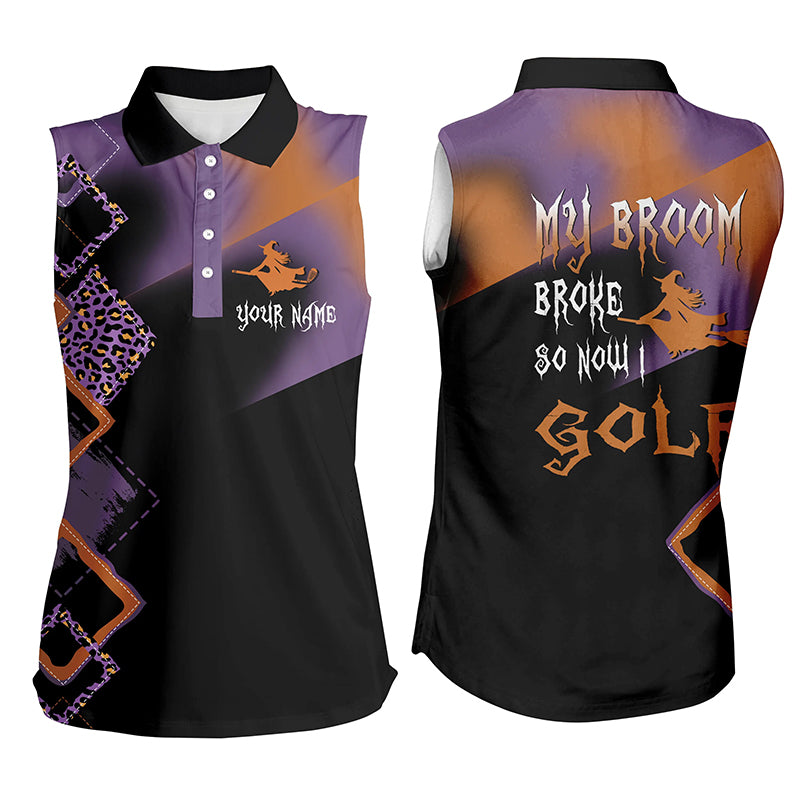 Funny black leopard Halloween golf shirt custom Women sleeveless polo shirt My broom broke so now I golf NQS6170