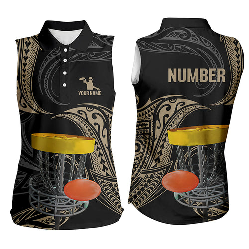 Womens sleeveless polo shirts custom name, number black tribal disc golf shirt, disc golf outfit NQS6175