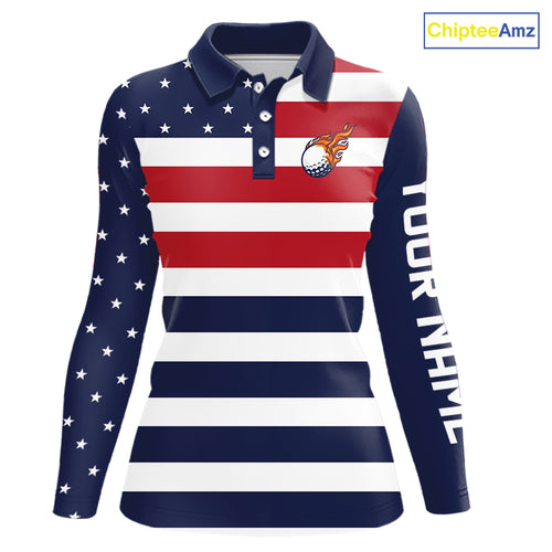 Custom American Flag Golf Polo Shirts For Women, Personalized Patriotic Ladies Golf attire NQS10500