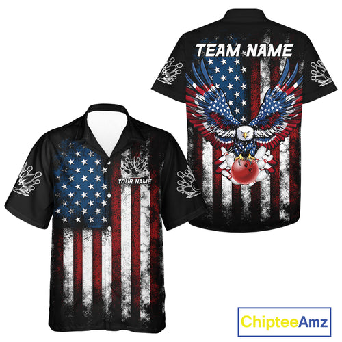 Vintage American Flag Eagle Black Bowling Hawaiian Shirt Custom Patriotic Team Bowling Shirt NQS10501