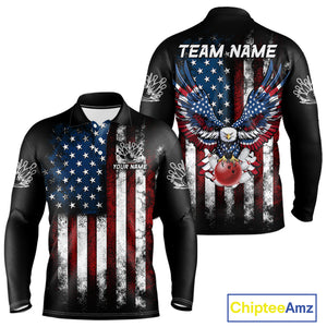 Vintage American Flag Eagle Black Bowling Shirts for Men Custom Patriotic Team Bowling Jerseys NQS10501