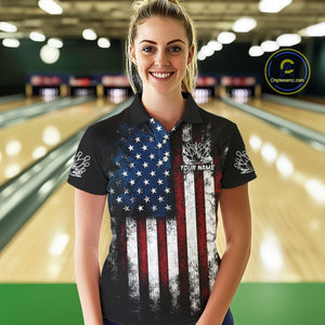 Vintage American Flag Eagle Black Bowling Shirts for Women Custom Patriotic Team Bowling Jerseys NQS10501