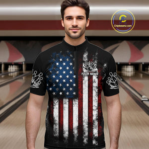 Vintage American Flag Eagle Black Bowling Shirts for Men Custom Patriotic Team Bowling Jerseys NQS10501