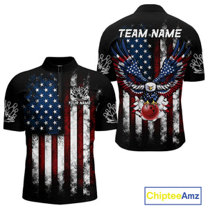 Vintage American Flag Eagle Black Bowling Shirts for Men Custom Patriotic Team Bowling Jerseys NQS10501
