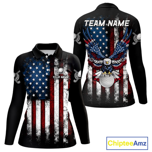 Vintage American Flag Eagle Black Golf Polo Shirts For Women Custom ladies patriotic golf shirts NQS10502