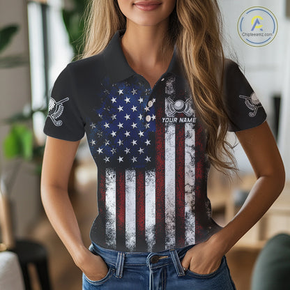Vintage American Flag Eagle Black Golf Polo Shirts For Women Custom ladies patriotic golf shirts NQS10502