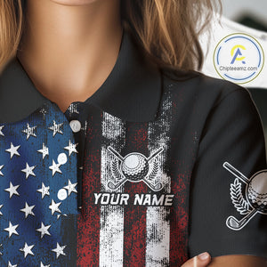 Vintage American Flag Eagle Black Golf Polo Shirts For Women Custom ladies patriotic golf shirts NQS10502