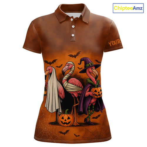 Funny Flamingo Pumpkin Golf Polo Shirt For Women Custom Halloween Golf Tops | Orange NQS10702