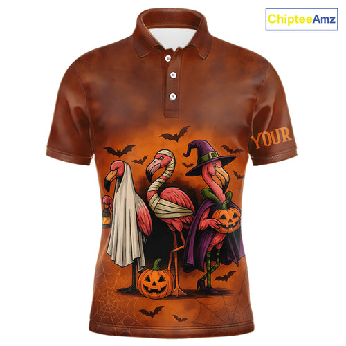 Funny Flamingo Pumpkin Golf Polo Shirt For Men Custom Halloween Golf Tops | Orange NQS10702