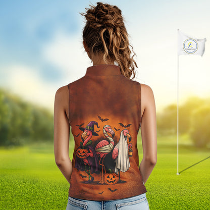 Funny Flamingo Pumpkin Sleeveless Golf Polo Shirt For Women Custom Halloween Golf Tops | Orange NQS10702