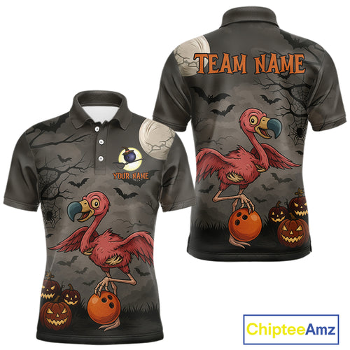 Funny Flamingo Halloween Bowling Polo, Quarter Zip Shirt For Men Custom Halloween Bowling Team Jersey NQS10703