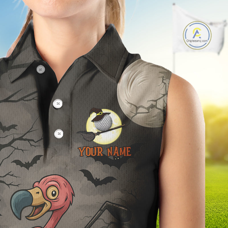Funny Halloween Flamingo Pumpkin Women Sleeveless Golf Polo Shirt Custom Halloween Ladies Golf Tops NQS10704