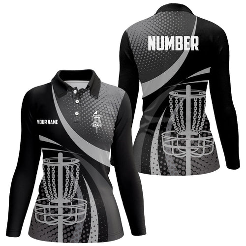 Black Grey Dot pattern disc golf basket custom Womens disc golf polo shirts, disc golf jerseys NQS8749