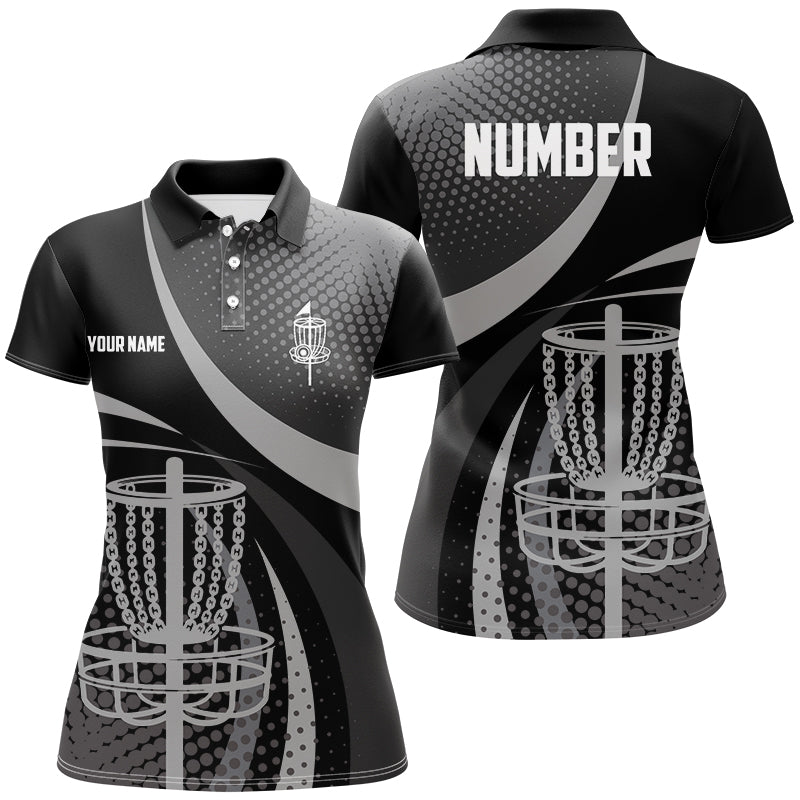 Black Grey Dot pattern disc golf basket custom Womens disc golf polo shirts, disc golf jerseys NQS8749
