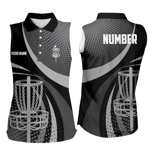 Black Grey Dot pattern disc golf basket custom Women sleeveless golf polo shirt, disc golf jersey NQS8749