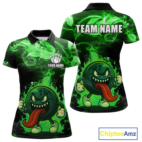 Personalized Funny Bowling Shirts for Women Green Flame Custom Bowling Team Outfit, Gift For Bowlers NQS10909