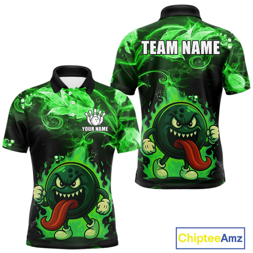 Personalized Funny Bowling Shirts for Men Green Flame Custom Bowling Team Outfit, Gift For Bowlers NQS10909