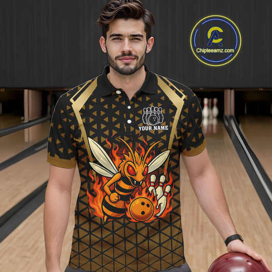 Custom Black and Gold Bee Bowling Polo, Quarter Zip Shirts For Men, Bee Bowling Team Bowlers Outfit NQS10911