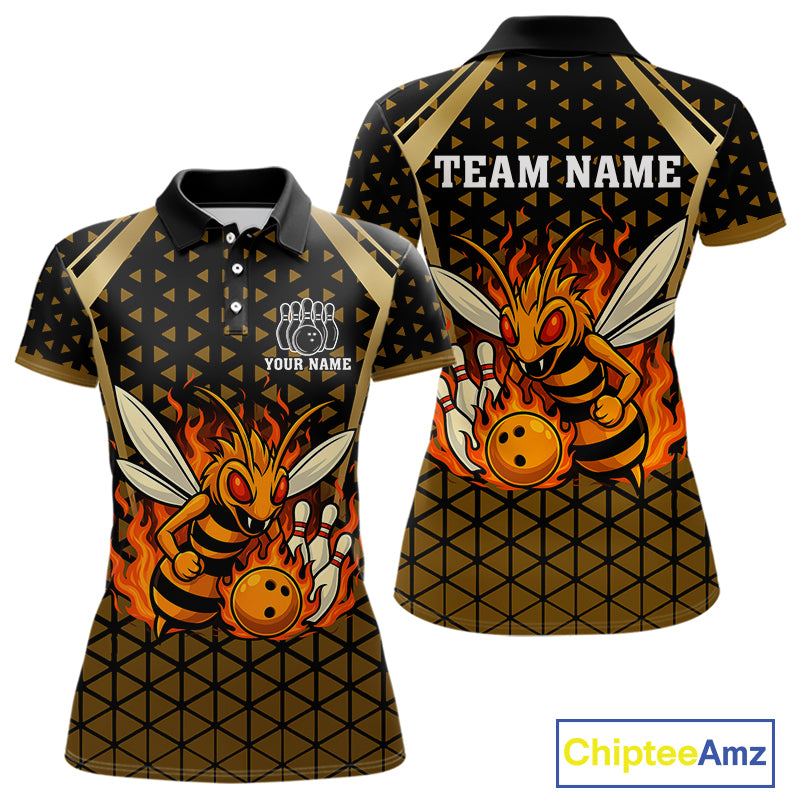 Custom Black and Gold Bee Bowling Polo, Quarter Zip Shirts For Women, Bee Bowling Team Bowlers Outfit NQS10911