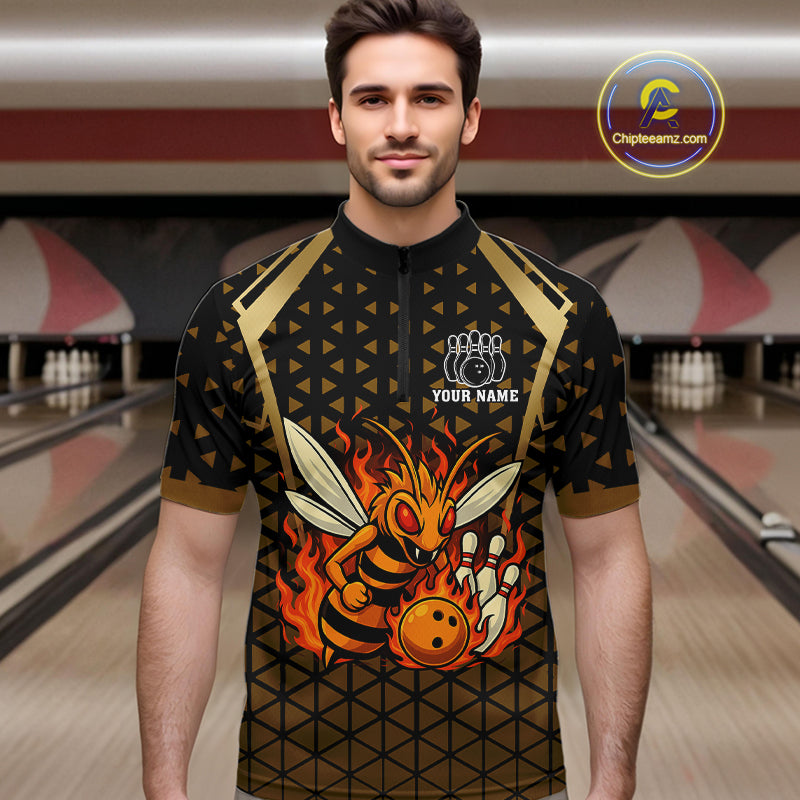 Custom Black and Gold Bee Bowling Polo, Quarter Zip Shirts For Men, Bee Bowling Team Bowlers Outfit NQS10911