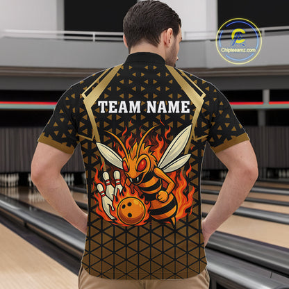 Custom Black and Gold Bee Bowling Polo, Quarter Zip Shirts For Men, Bee Bowling Team Bowlers Outfit NQS10911