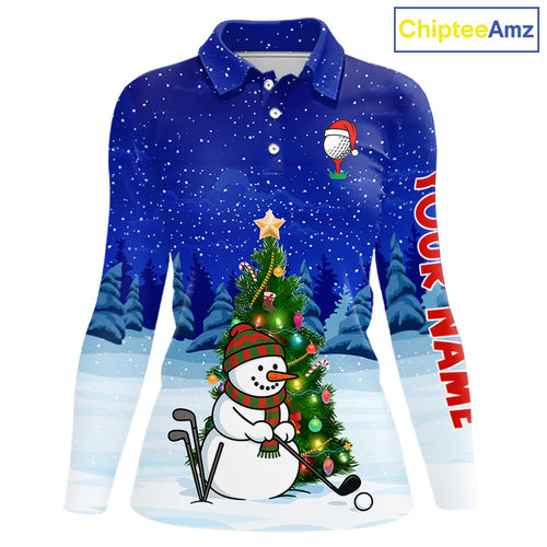 Funny Snowman Golf Blue Christmas Golf Polo Shirts For Women custom Christmas golf outfit, golf gifts NQS10912